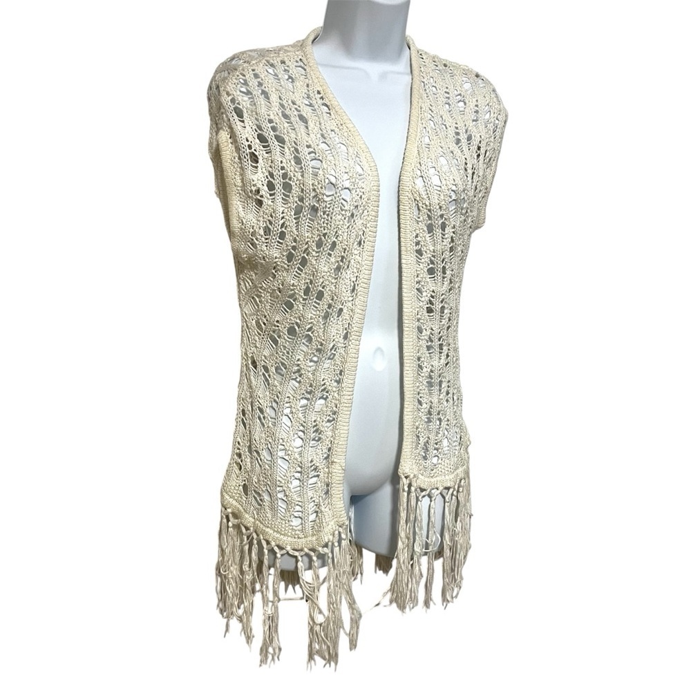 Cream Crochet Fringe Vest Size Medium Boho Western Rave Festival Summer Knit